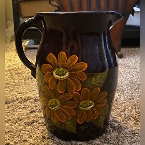 Vintage brown glazed ceramic jug with floral hand painted. Ceramic Pitcher.